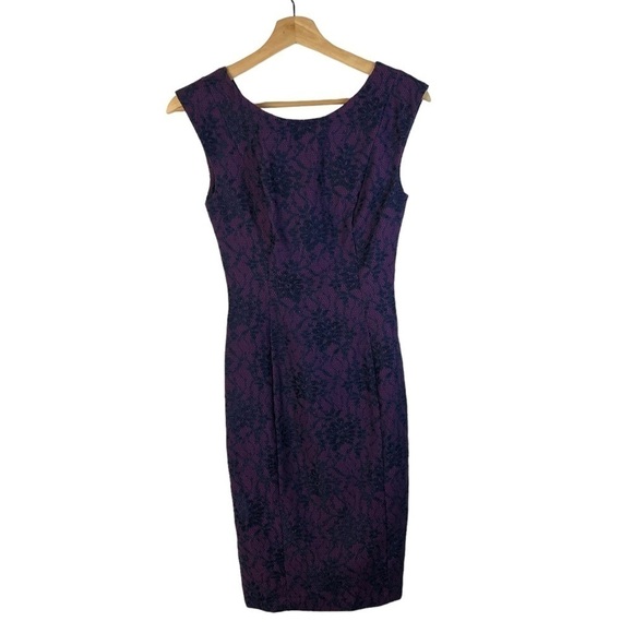 French Connection Purple & Blue Lace Print Knee Length Sheath Dress 0 - Picture 1 of 3